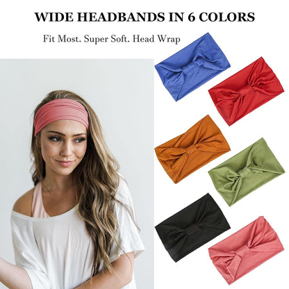 6 Pack Wide Headbands for Women Non Slip Soft Elastic Hair Bands Yoga Running Sports Workout Gym Head Wraps, Knotted Cotton Cloth African Turbans Bandana (With 6 Pcs Hair Ties)